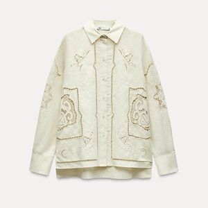 ZARA EMBROIDERED COTTON LINEN EYELET BOHEMIAN SHIRT ZW COLLECTION Beige M